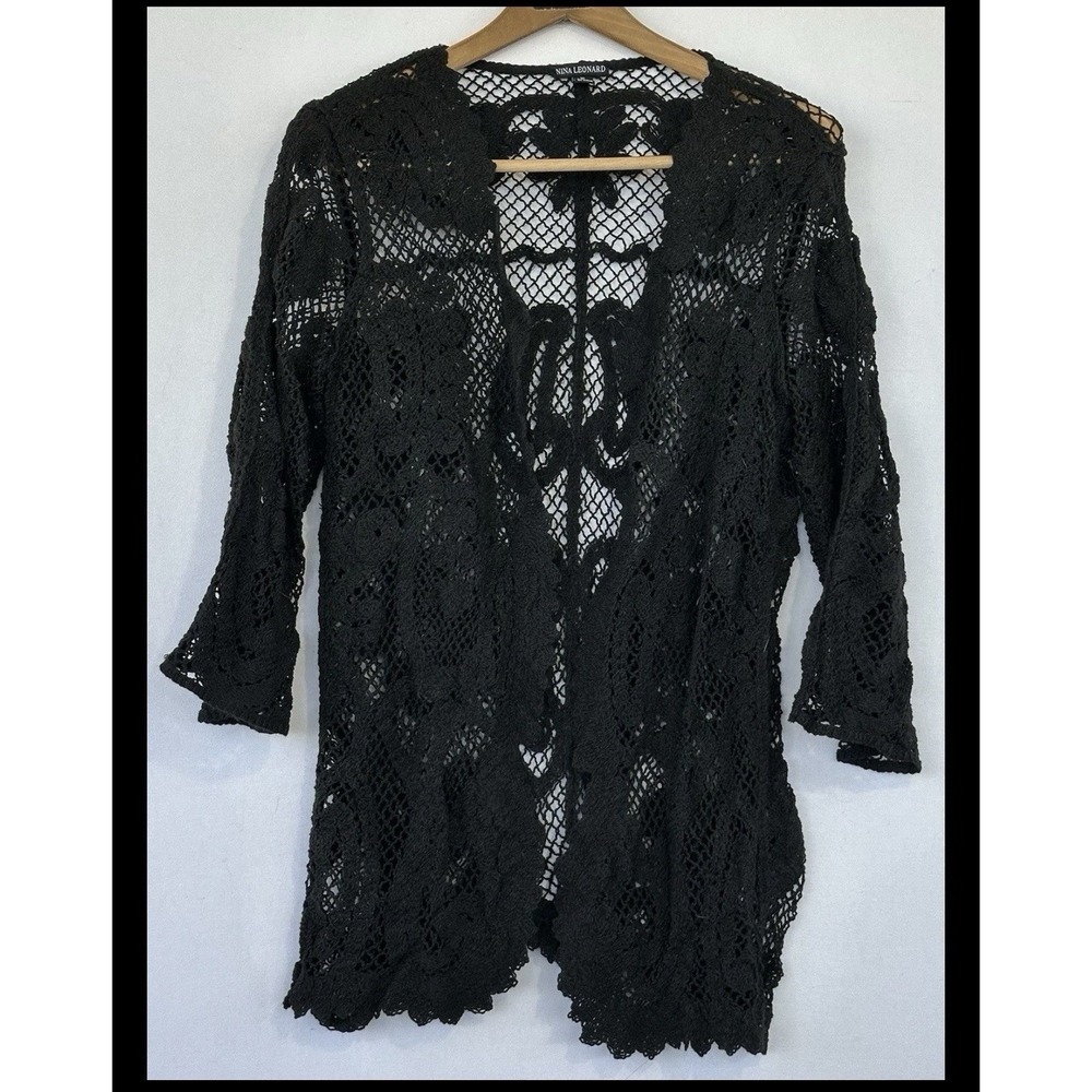 Nina Leonard Crochet Black Cardigan Jacket Floral Women's Sz XL